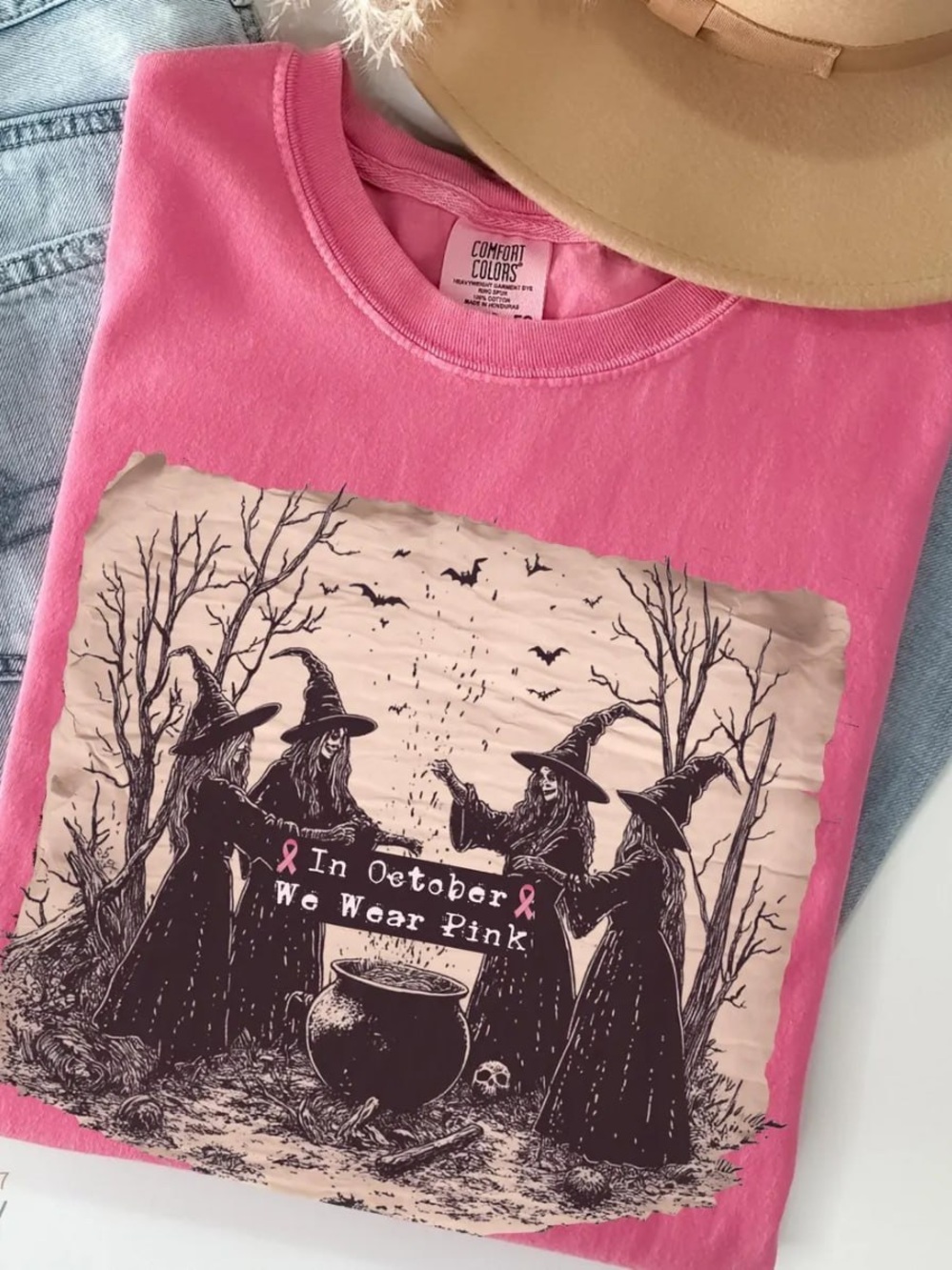 Comfort Colors Pink Short-Sleeve Tee with Witch Graphic